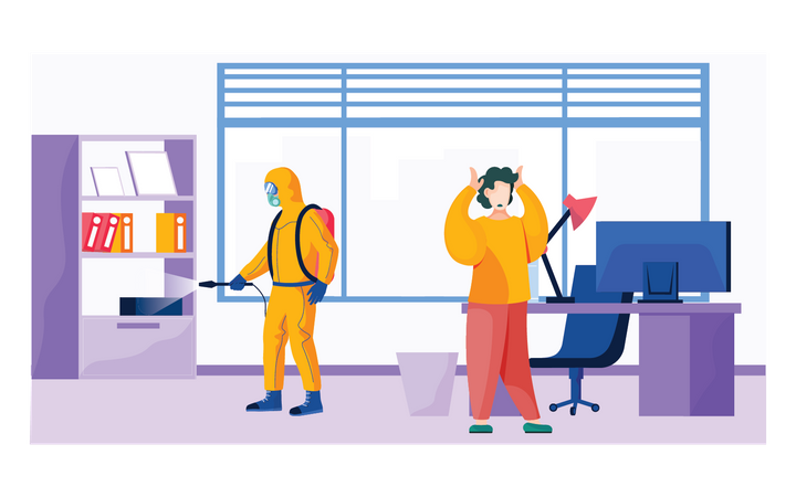 Man disinfecting office workplace Illustration