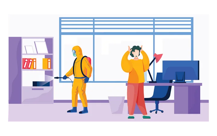 Man disinfecting office workplace  Illustration