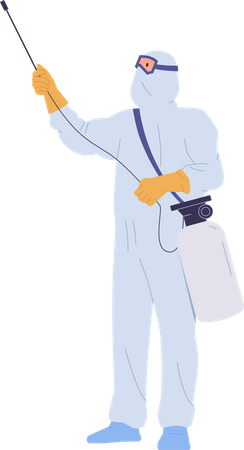 Man disinfector in suits using poison bottle with spray nozzle and chemical poison  Illustration