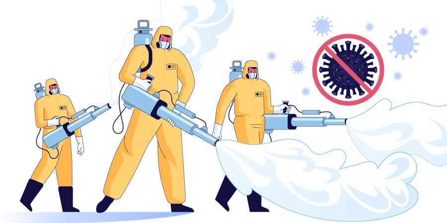 Man disinfector in suits using poison bottle with spray nozzle  Illustration