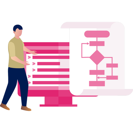 Man displaying graphical diagram on monitor  Illustration
