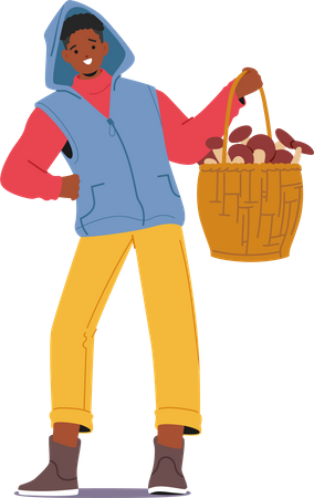 Man Displaying Large Basket Overflowing With Mushrooms  イラスト