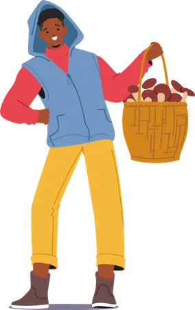Man Displaying A Large Basket Overflowing With Assorted Mushrooms Showcasing His Impressive Harvest Black Young Male Characters Showing Fungi Plants Cartoon People Vector Illustration イラスト