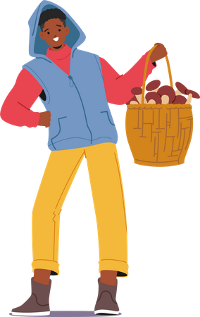 Man Displaying Large Basket Overflowing With Mushrooms  Illustration