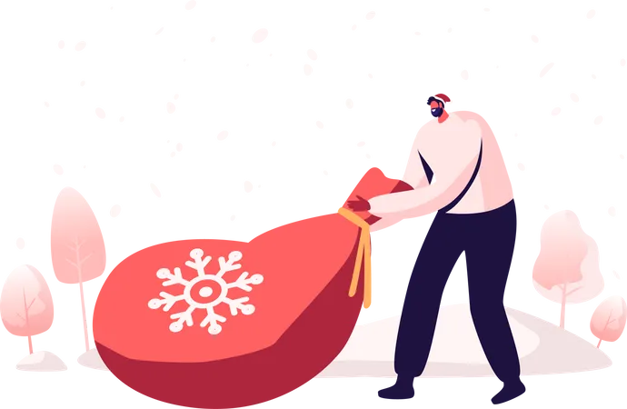 Male Character In Red Traditional Santa Claus Hat Pull Huge Sack With Gifts On Snowy Landscape Background Winter Season Holidays Merry Christmas And Happy New Year Wishes Cartoon Vector Illustration Illustration