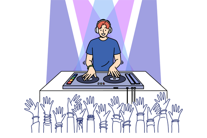 Man DJ performs in nightclub spinning records on mixing console  イラスト