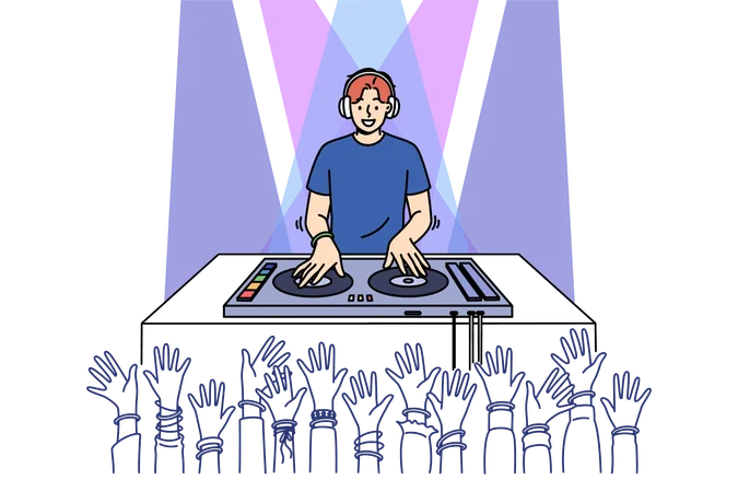 Man DJ Performs In Nightclub Spinning Records On Mixing Console Near Crowd Of Partygoers With Hands Raised Cheerful Guy DJ In Headphones Plays Dance Hits For Party Or Festival Visitors Illustration