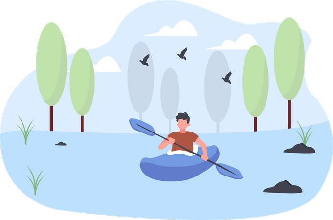 Man do canoeing on lake  Illustration