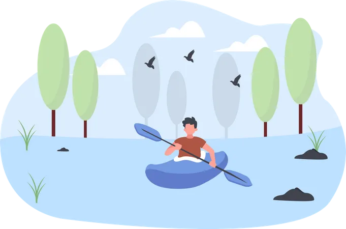 Man do canoeing on lake  Illustration