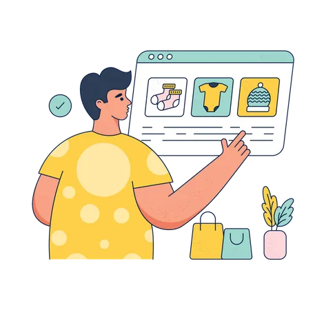 El hombre hace compras en línea en la plataforma de comercio electrónico  Ilustración