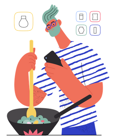 Man do online shopping while cooking food  Illustration