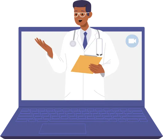 Man doctor giving medical internet consultation from laptop  Illustration