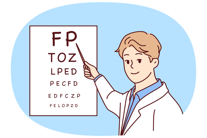 Man doctor holds out pointer to poster with letters for checking eyesight of patients  Illustration