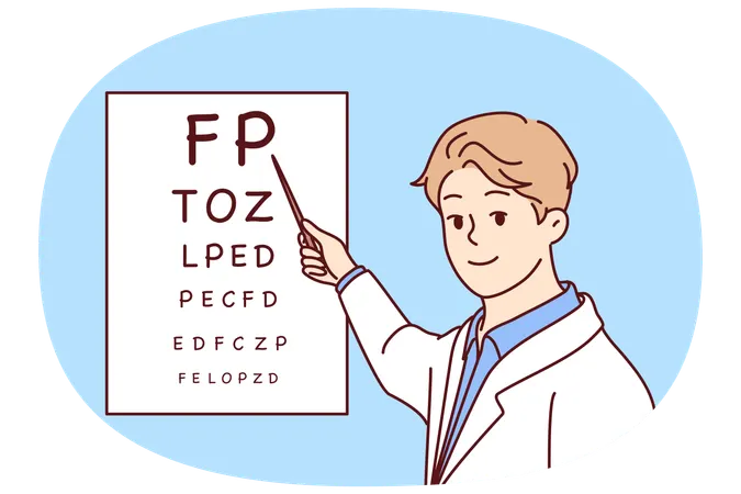 Man doctor holds out pointer to poster with letters for checking eyesight of patients  Illustration