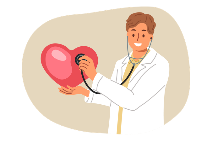 Man doctor with stethoscope in hands holds large heart giving lesson diagnosis cardio disease  Illustration
