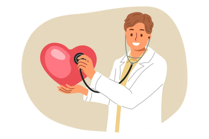 Man Doctor With Stethoscope In Hands Holds Large Heart Giving Lesson On Rules Of Diagnosis For People With Cardio Disease Doctor Treats Cardio Problems In Patients With Pathological Symptoms イラスト