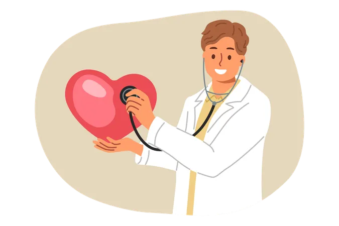 Man doctor with stethoscope in hands holds large heart giving lesson diagnosis cardio disease  Illustration