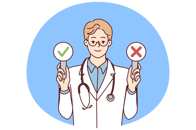 Man doctor with stethosop around neck demonstrates signs with check mark and cross  Illustration