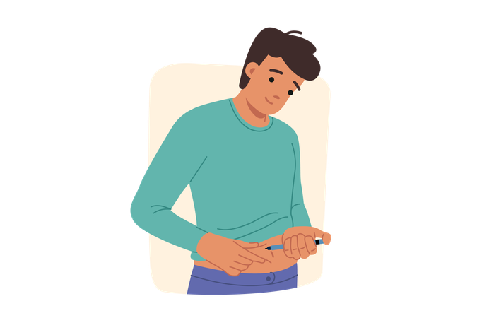 Man does diabetes insulin test by sticking syringe into stomach to prevent sugar control  Illustration