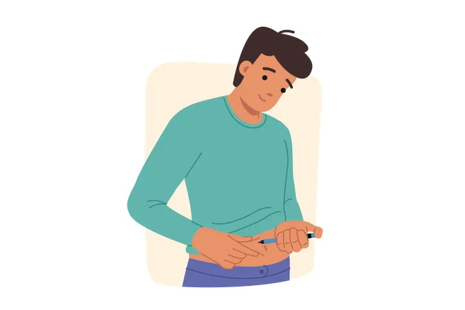 Man does diabetes insulin test by sticking syringe into stomach to prevent sugar control  Illustration