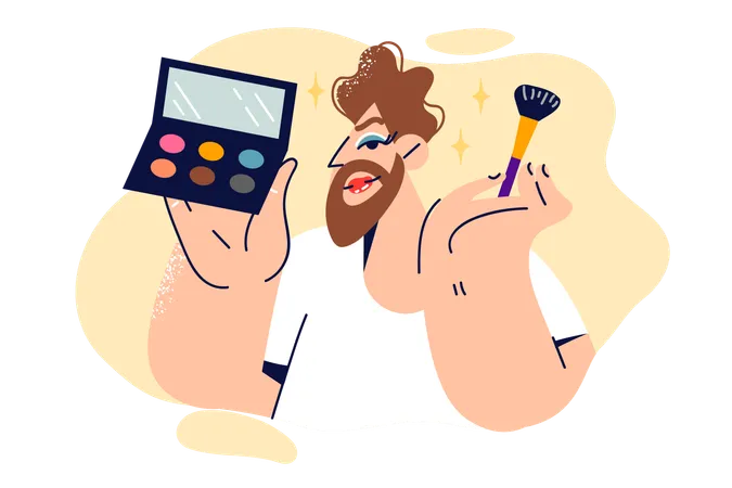 Man does own makeup and holds brush with multi-colored powder and mirror  イラスト