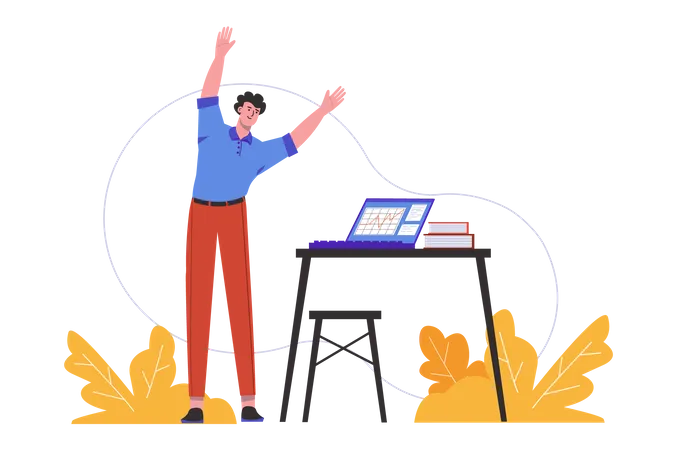 Man Does Warm Up At Workplace In Office Employee Doing Exercises While Working People Scene Isolated Healthy Lifestyle And Physical Activity Concept Vector Illustration In Flat Minimal Design Illustration