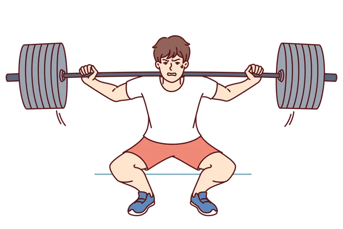 Man Squats With Barbell On Shoulders Doing Weightlifting In Gym And Trying To Set New Sports Record Guy Wants To Become Professional Bodybuilder Lifts Barbell To Build Muscle And Succeed In Fitness Illustration