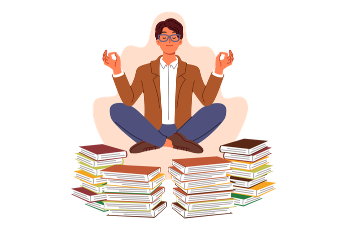 Man does yoga and meditation taking break from reading books levitating in lotus position  Illustration