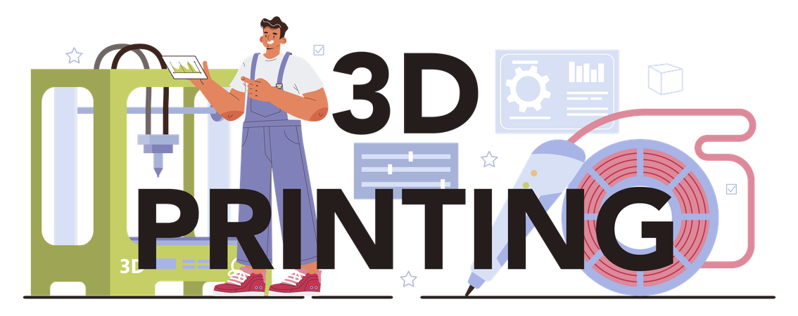 Man doing 3d print using 3d printer  Illustration