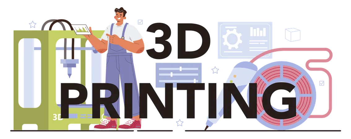 3 D Printing Typographic Header Operating System Programming Software Development Of 3 D Printing Equipment For Layout Or Model Creation Flat Vector Illustration Illustration