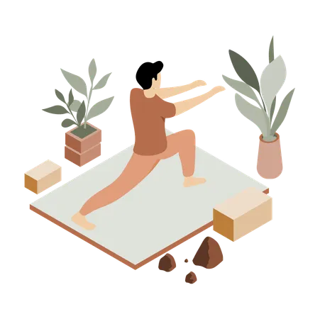 Man doing a yoga pose on a mat with indoor plants Illustration