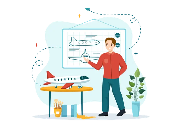 Aircraft Modelling And Crafting Illustration With Assembling Or Painting Huge Airplane Model In Flat Cartoon Hand Drawn Landing Page Templates Illustration