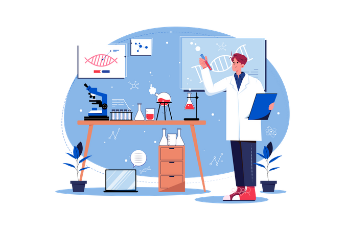 Man doing analysis on data regarding DNA  Illustration