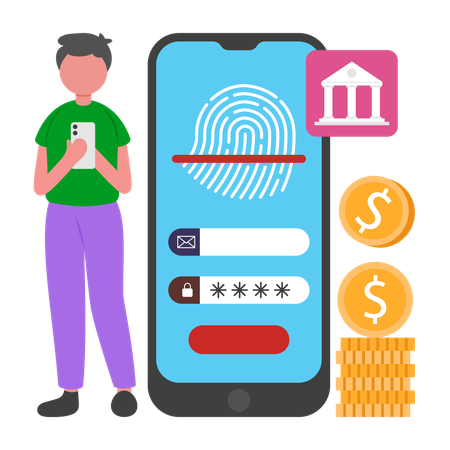 Man doing Biometric Bank Login  Illustration