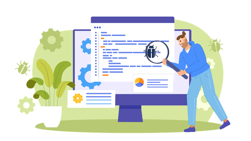 Man doing bug testing on code  Illustration
