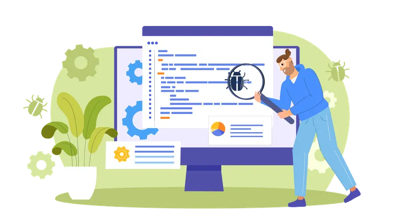 Man doing bug testing on code  Illustration