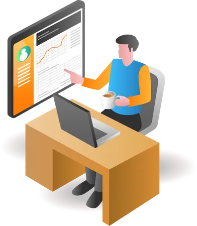 Illustration Isometric Concept Man Looking At Investment Business Analysis Data Development Illustration