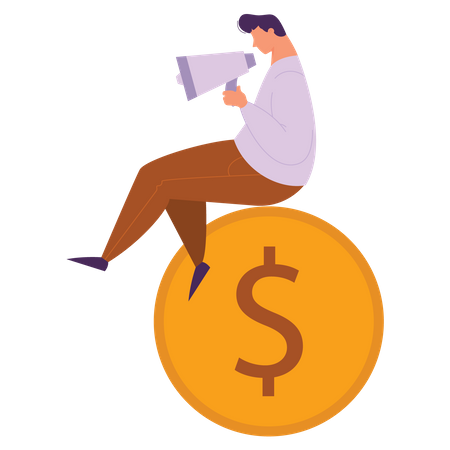 Man doing business marketing while sitting on dollar coin Illustration