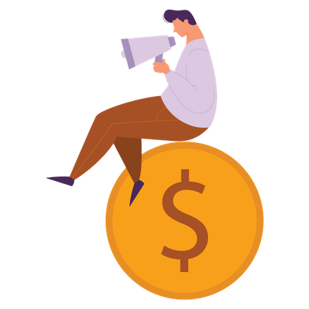 Man doing business marketing while sitting on dollar coin  Illustration