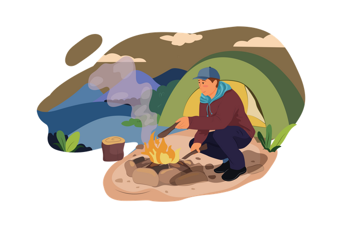 Man doing camp fire  Illustration