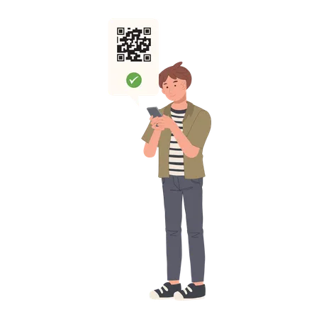 Cashless Payment Concept Man Conducting Cashless Payments With Mobile QR Code Illustration