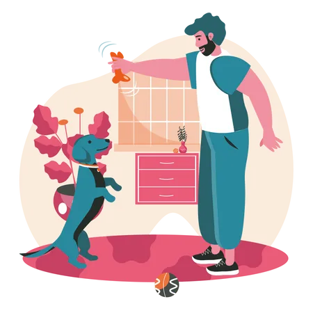 Pets With Their Owners Scene Concept Man Playing Toy With Dog Home Training With Ball Taking Care Pets Relationship With Animal People Activities Vector Illustration Of Characters In Flat Design Illustration