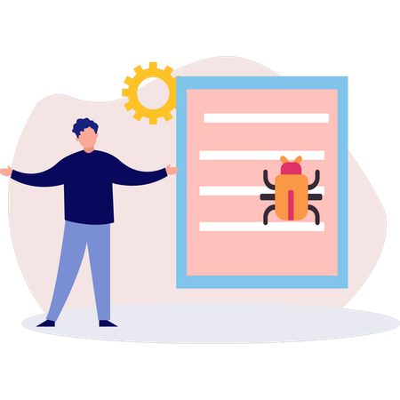 Man doing changes while bug virus attacks system  Illustration