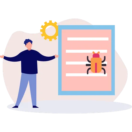 Man doing changes while bug virus attacks system  Illustration