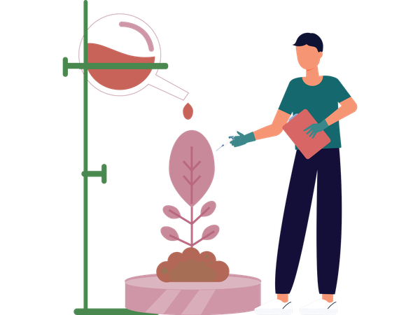 Man doing chemical experiment on plant  Illustration
