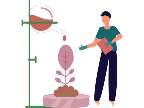 Man doing chemical experiment on plant  Illustration