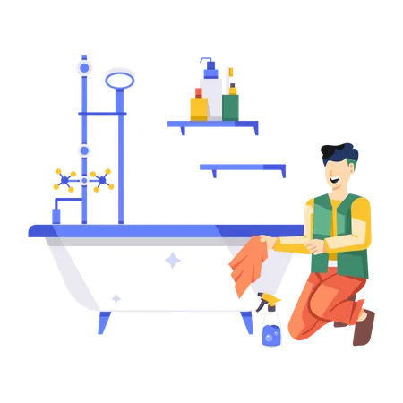 Man doing Cleaning Bathtub  Illustration