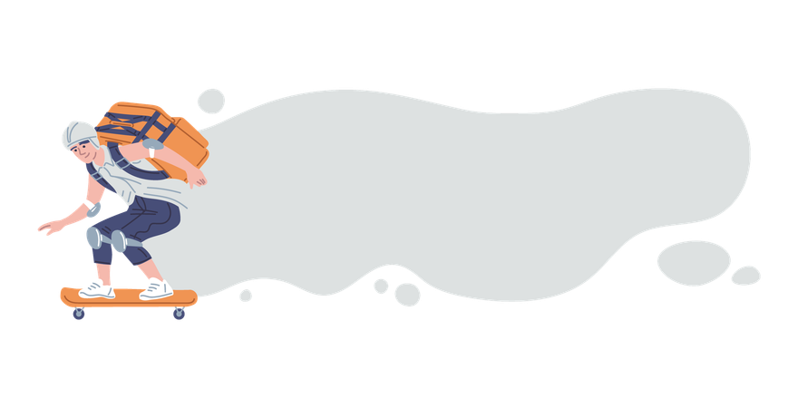 スケートボードに乗って宅配便を配達する男性  イラスト