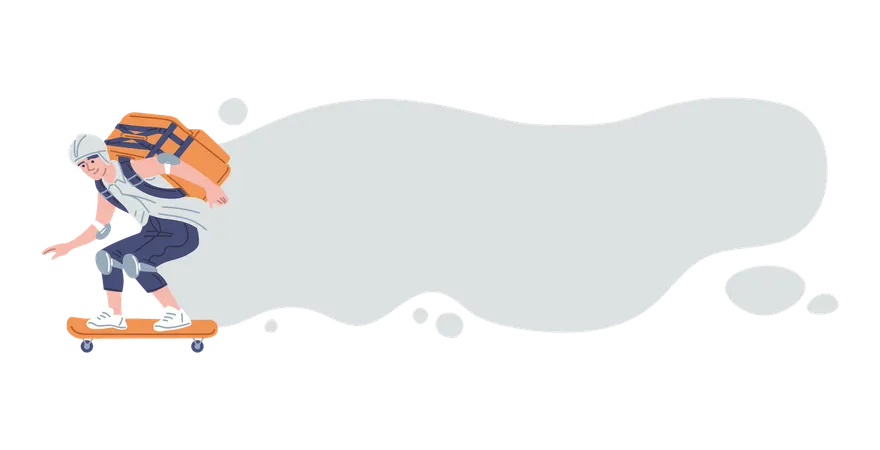 スケートボードに乗って宅配便を配達する男性  イラスト