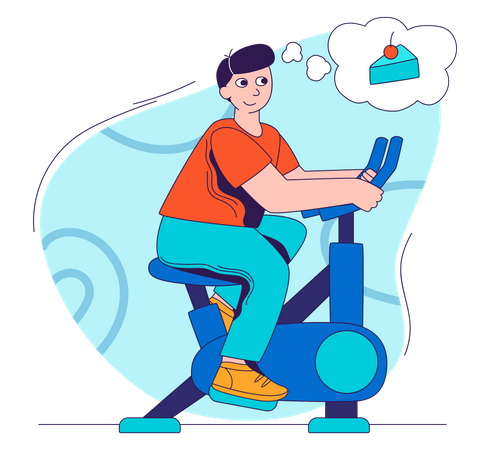 Man doing cycling exercise and thinking on cake  Illustration